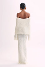 Off-Shoulder Ribbed Bouclé Maxi Dress with Flared Sleeves