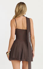 Karla Mini Dress - Asymmetric Tie Neck Fit And Flare Dress in Chocolate