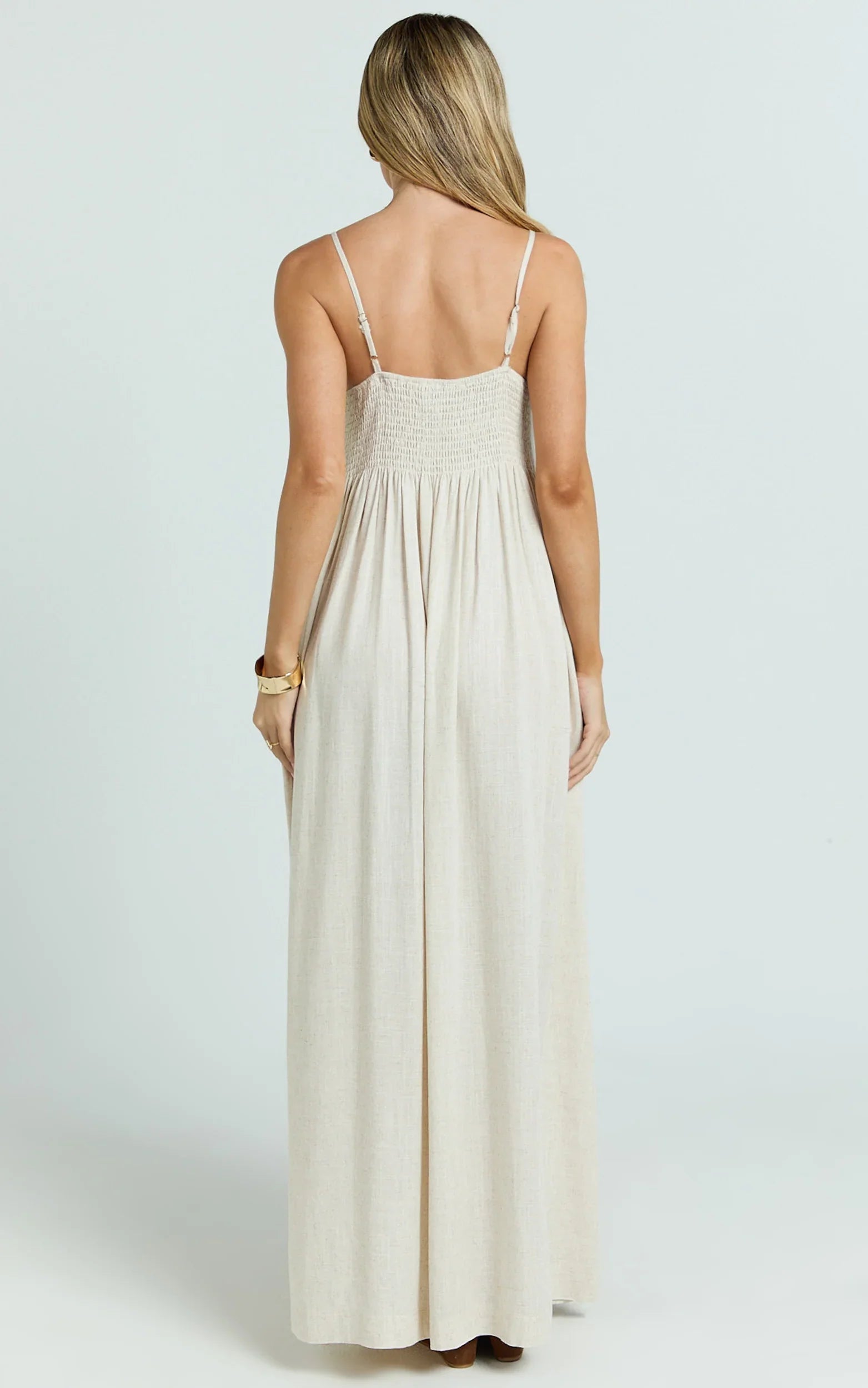 Yanna Midi Dress - Square Neckline Pleated Dress in Beige