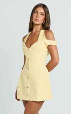 Baylee Mini Dress - Off Shoulder Button Front Tulip Skirt Dress in Lemon
