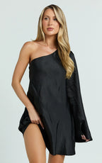 Karla Mini Dress - One Shoulder Long Sleeve Dress in Black