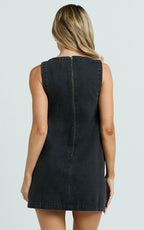 Leia Mini Dress - High Neck Mock Button Down Mini Dress in Black Wash