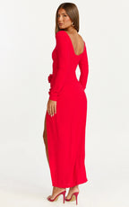 Vivienne Midi Dress - Boat Neck Long Sleeve Rosette Detail Dress in Red