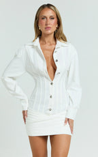 Rhylee Mini Dress - Collared Button Front Bodycon Shirt Dress in White