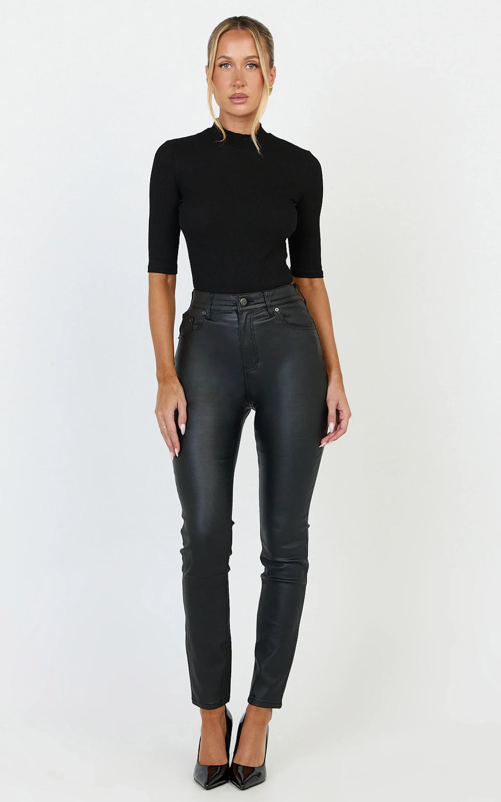 Whinnie Jeans - High Waist Skinny Coated Denim Jeans in Black