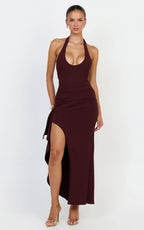 Lani Midi Dress - Scooped Neckline Draped Skirt Halter Dress in Dark Plum