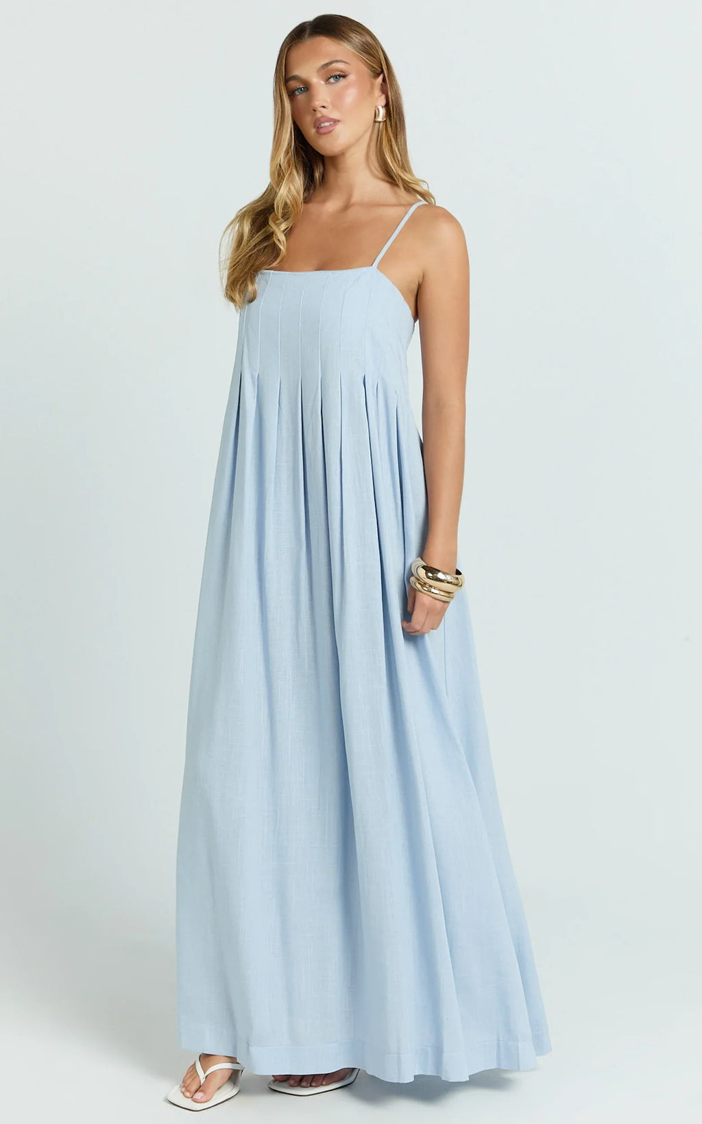 Cloe Maxi Dress - Pleated Detail Dress in Blue