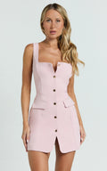 Kenna Mini Dress - Square Neck Button Down Mini Dress in Pink