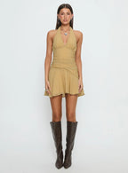 Sayla Halter Ruched Mini Dress Yellow Check