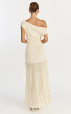 Roxy Maxi Dress - One Shoulder Pleated Skirt Knitted Dress in Cream