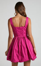Brianda Mini Dress - Corset Bodice Bubble Hem Dress in Berry