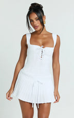 Fraida Mini Dress - Lace Front Dropped Waist Pleated Dress in White