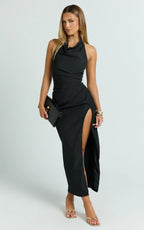 Finn Midi Dress - Folded Cowl Halter With Front Leg Split in Black
