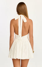 Lyra Mini Dress - Broderie Halter Neck Tie Drop V Waist Dress in White