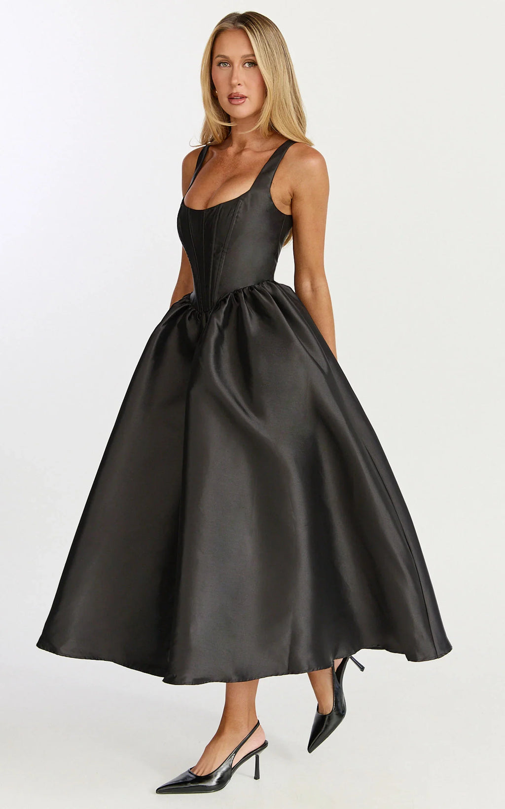 Courtney Midi Dress - Corset Panel Low Back Dress in Black