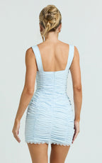Becker Mini Dress - Strappy Bustier Ruched Bodycon Dress in Blue