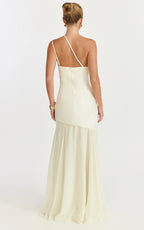 Flynn Maxi Dress - Asymmetric Neck Sheer Skirt Dress in Ivory