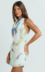 Elouise Mini Dress - Halter Cowl Neck Dress in Aquamarine Floral Print
