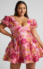 Brailey Jacquard Mini Dress - Puff Sleeve Dress in Pink