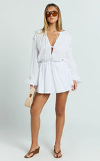 Felix Mini Dress - Front Tie Bishop Sleeve Dress in White