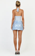 Kai Mini Dress - Sequin Cowl Waist Skirt Bodysuit Dress in Light Blue