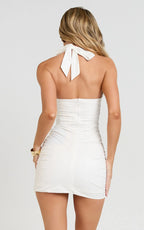 Danielle Mini Dress - Halter Straight Neck Bodycon Dress in Cream