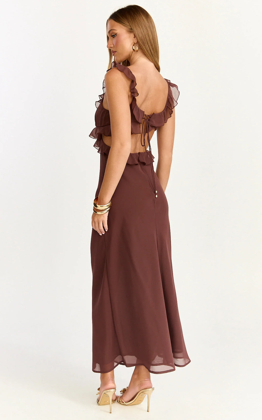 Alessa Midi Dress - V Neck Frill Detail Empire Waist Back Cut Out Dress in Brown