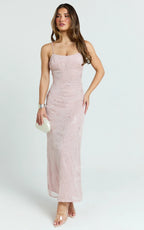 Elysia Midi Dress - Sequin Straight Neck Tie Back Dress in Pale Pink