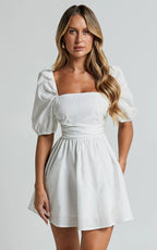 Claudina Mini Dress - Linen Look Puff Sleeve Ruched Bodice Dress in White
