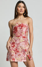 Atalia Mini Dress - Strapless Draped Jacquard Dress in Rust