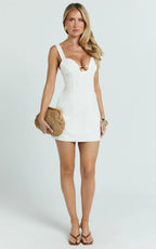Estelle Mini Dress - Beaded Scallop Neck Dress in Off White