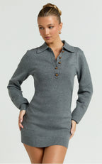 Jolene Mini Dress - Long Sleeve Knitted Polo Dress in Dark Grey