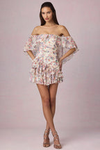 Off-Shoulder Ruffled Mini Dress in Primrose Floral Print