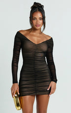 Dani Mini Dress - Mesh Long Sleeve Off Shoulder Ruched Dress in Black