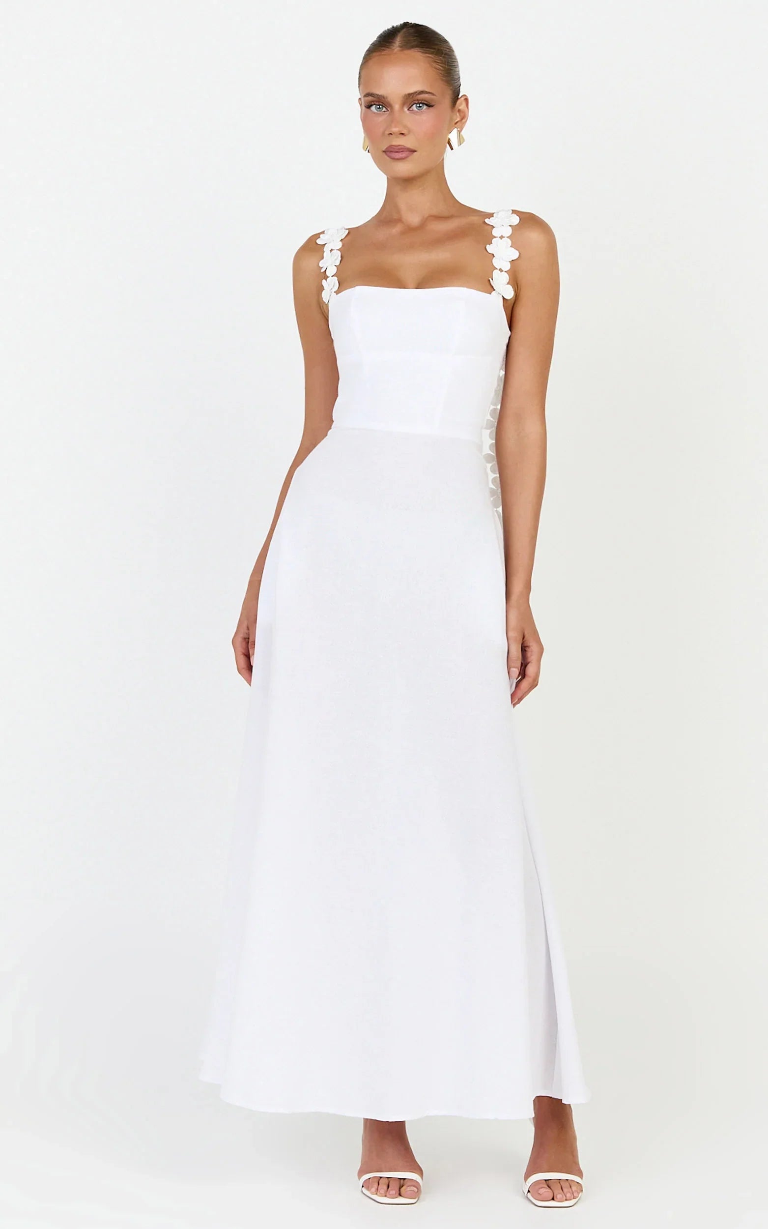 Clementine Midi Dress - 3D Floral Strap Dress in White