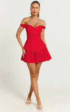 Izara Mini Dress - Off Shoulder Pleated Dress in Red