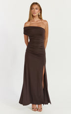 Opal Maxi Dress - Off Shoulder Gathered Bodice Fit And Flare Dress in Dark Chocolate