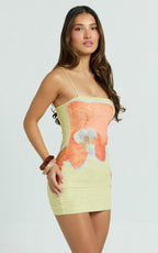 Aretta Mini Dress - Strappy Fitted Placement Mesh Print Dress in Orchid Print