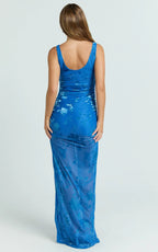 Inez Maxi Dress - Scoop Neck Gathered Front Split Dress in Blue