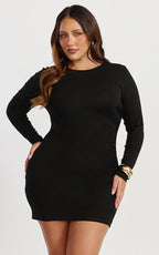 Brielle Mini Dress - Long Sleeve Ruched Bodycon Dress in Black