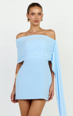 Elina Mini Dress - Off Shoulder Contrast Mesh Draped Overlay Dress in Blue