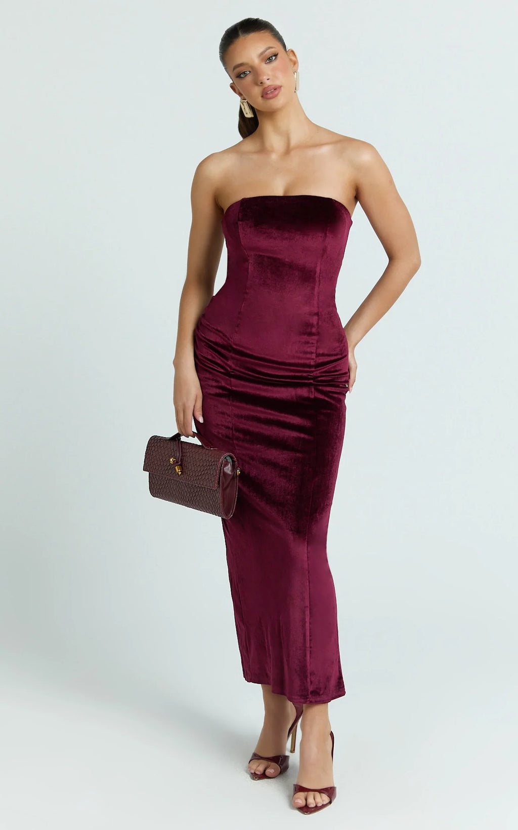 Cartia Midi Dress - Velvet Strapless Bodycon Dress in Wine