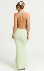 Ada Maxi Dress - Halter Plunge Textured Jersey Open Back Dress in Green