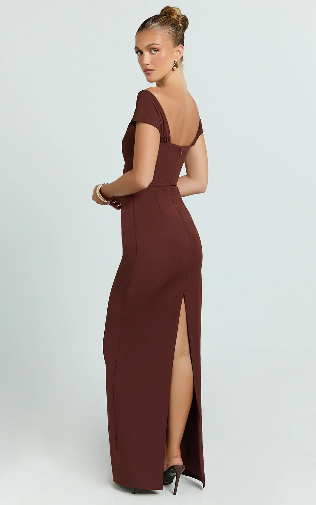 Veronika Maxi Dress - Off Shoulder Plunge High Split Dress in Chocolate
