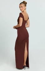 Veronika Maxi Dress - Off Shoulder Plunge High Split Dress in Chocolate