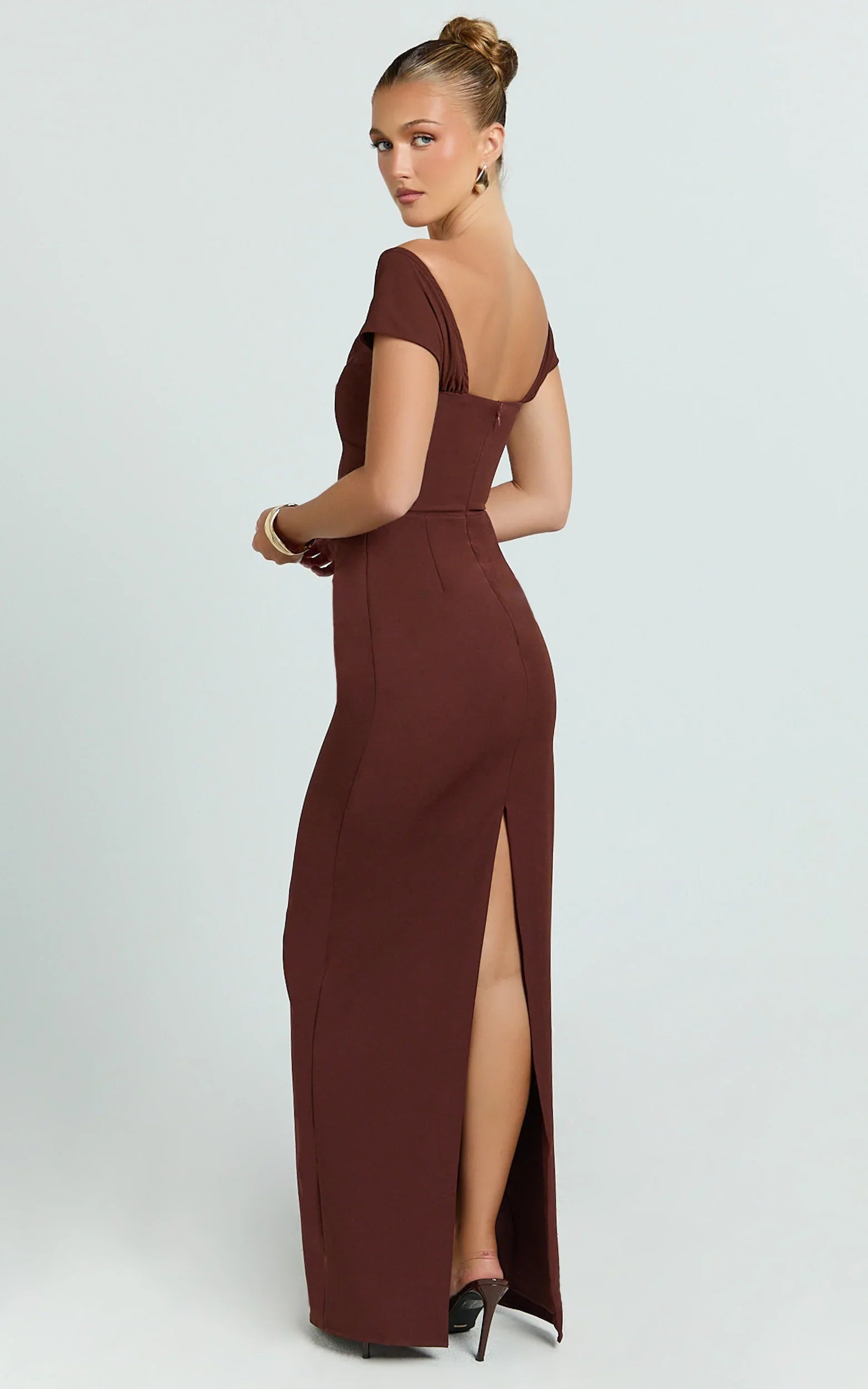 Veronika Maxi Dress - Off Shoulder Plunge High Split Dress in Chocolate