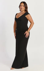 Veronika Maxi Dress - Off Shoulder Plunge High Split Dress in Black