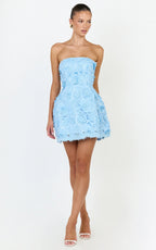Maristella Mini Dress - Strapless Lace Up Back A Line Dress in Blue