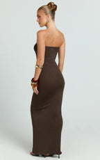 Viviana Maxi Dress - Knit Strapless Tie Waist Maxi Dress in Chocolate