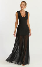 Frances Maxi Dress - Contrast U Neck Godet A Line Dress in Black